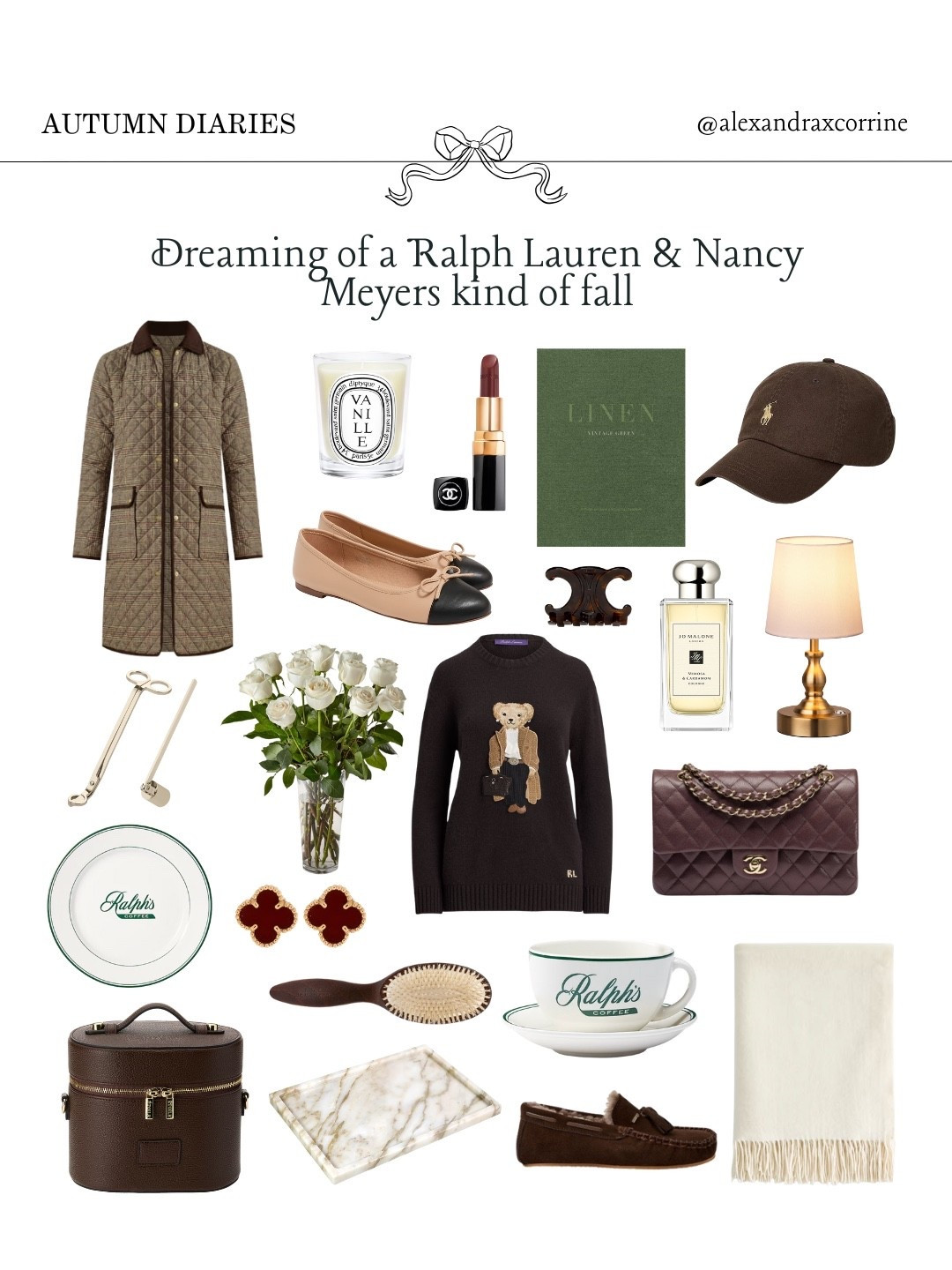 Currently dreaming of a Ralph Lauren & Nancy Meyers kind of fall ☕️🤎🥐🍂

#fallaesthetic #fallseason #cozyseason #fallishere #ralphlauren #ralphscoffee #nancymeyers #pinterestaesthetic #pinterestinspo #chicgirl #softluxury 

[ Ralph Lauren, Nancy Meyers, fall aesthetic, fall home finds, fall style, chic girl autumn, chocolate brown, wine red, mood board, Pinterest aesthetic, cozy fall aesthetic ]

#LTKStyleTip #LTKSeasonal #LTKFallSale