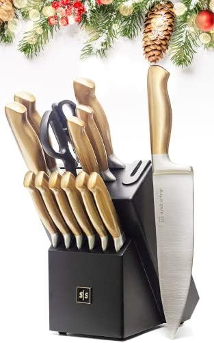 Gold Knife Set with Block - 14 Piece Premium Kitchen Knife Set with Sharpener includes Full Tang ... | Amazon (US)