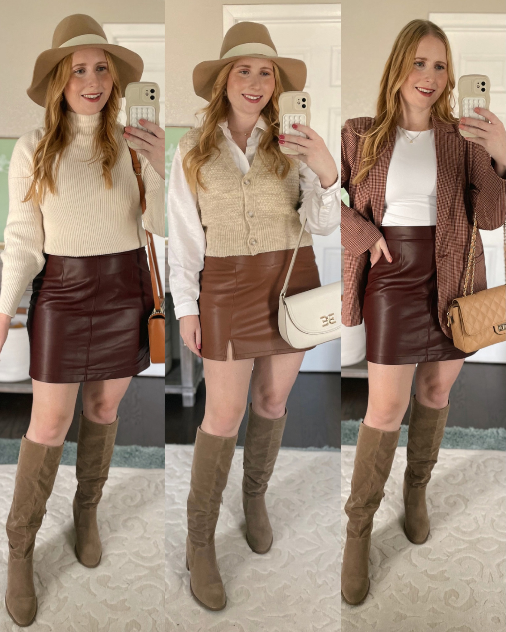 3 ways to style a faux leather mini skirt - light brown skirt is from Walmart (size large) and the gorgeous dark brown mini skirt is from Nordstrom (size 10)

#LTKSeasonal #LTKFind #LTKmidsize