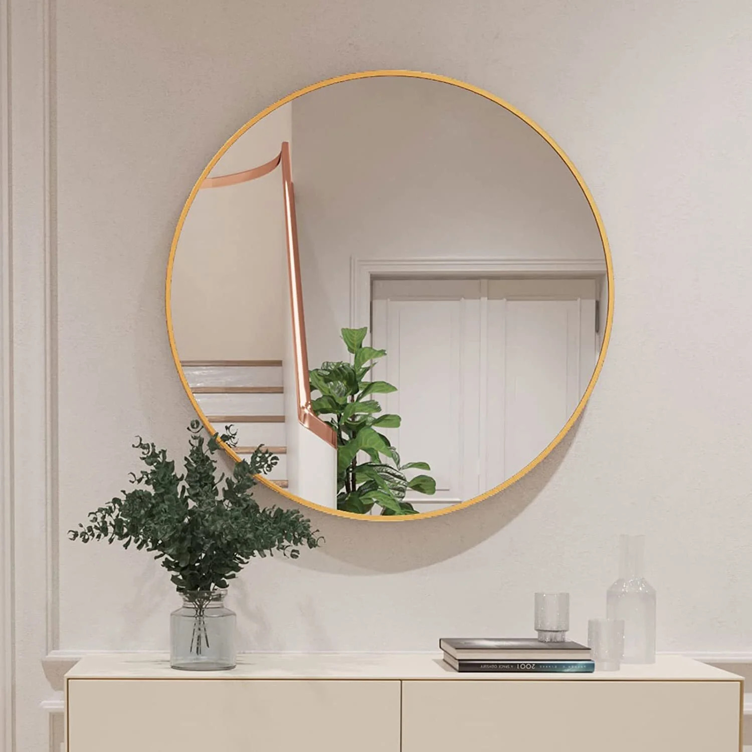 GLSLAND Bathroom Round Mirror Large Wall Decor Mirror 24" Metal Border Decoration for Bedroom, Ba... | Walmart (US)