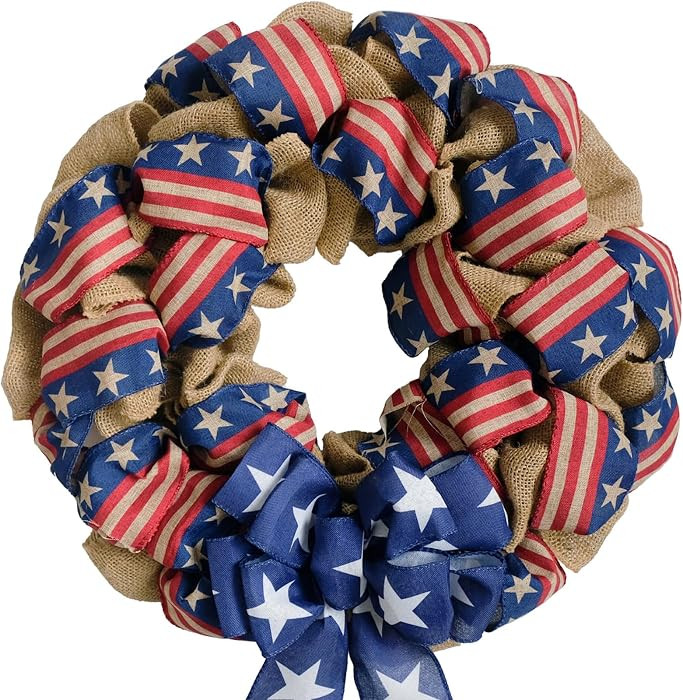 18 Inch Patriotic Burlap Stripe Ribbon Wreath for Front Door, Forth of July Rustic Farmhouse Wrea... | Amazon (US)