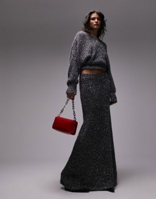 Topshop knitted tinsel skirt in charcoal | ASOS (Global)