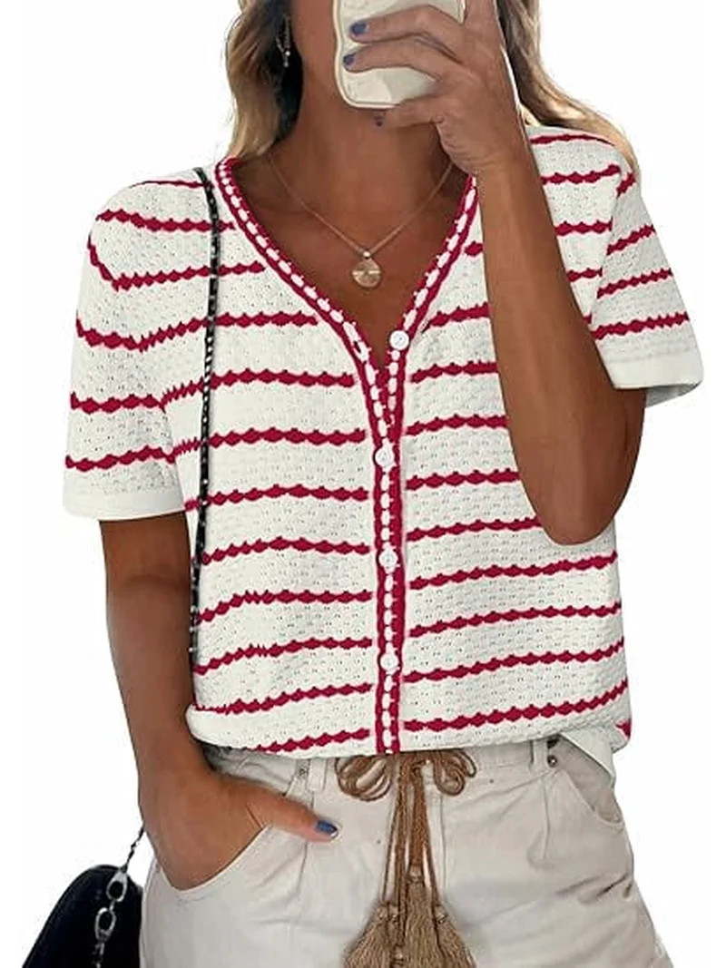 FreshPretty Women's Short Sleeve Sweater Spring Summer Crochet Knit Tops V Neck Striped Button Do... | Walmart (US)