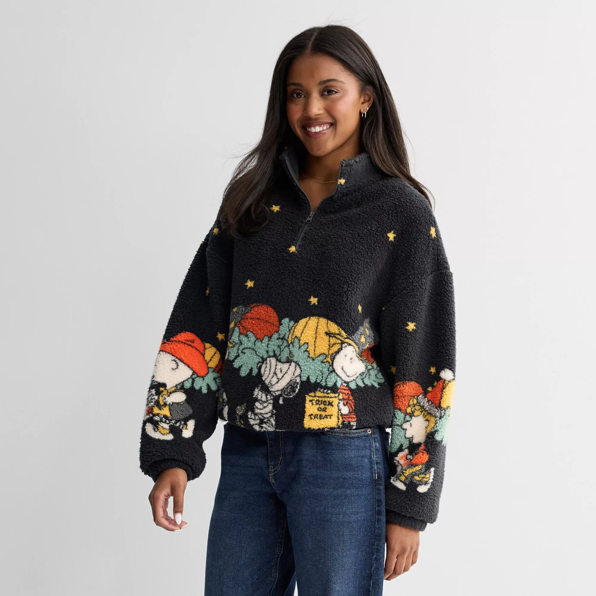 Juniors' Peanuts Halloween Gang Sherpa Quarter-Zip Pullover | Kohl's