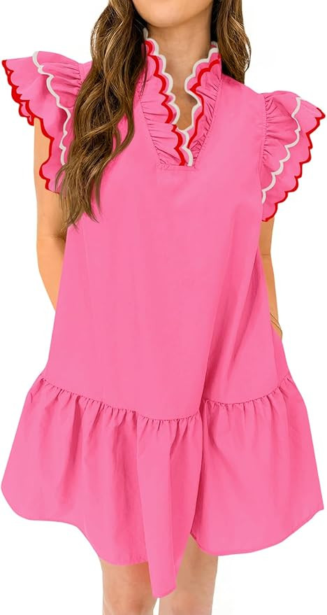 Wenrine Womens Summer Mini Dress Ruffle Short Sleeve V Neck Contrast Trim A Line Casual Loose Bea... | Amazon (US)