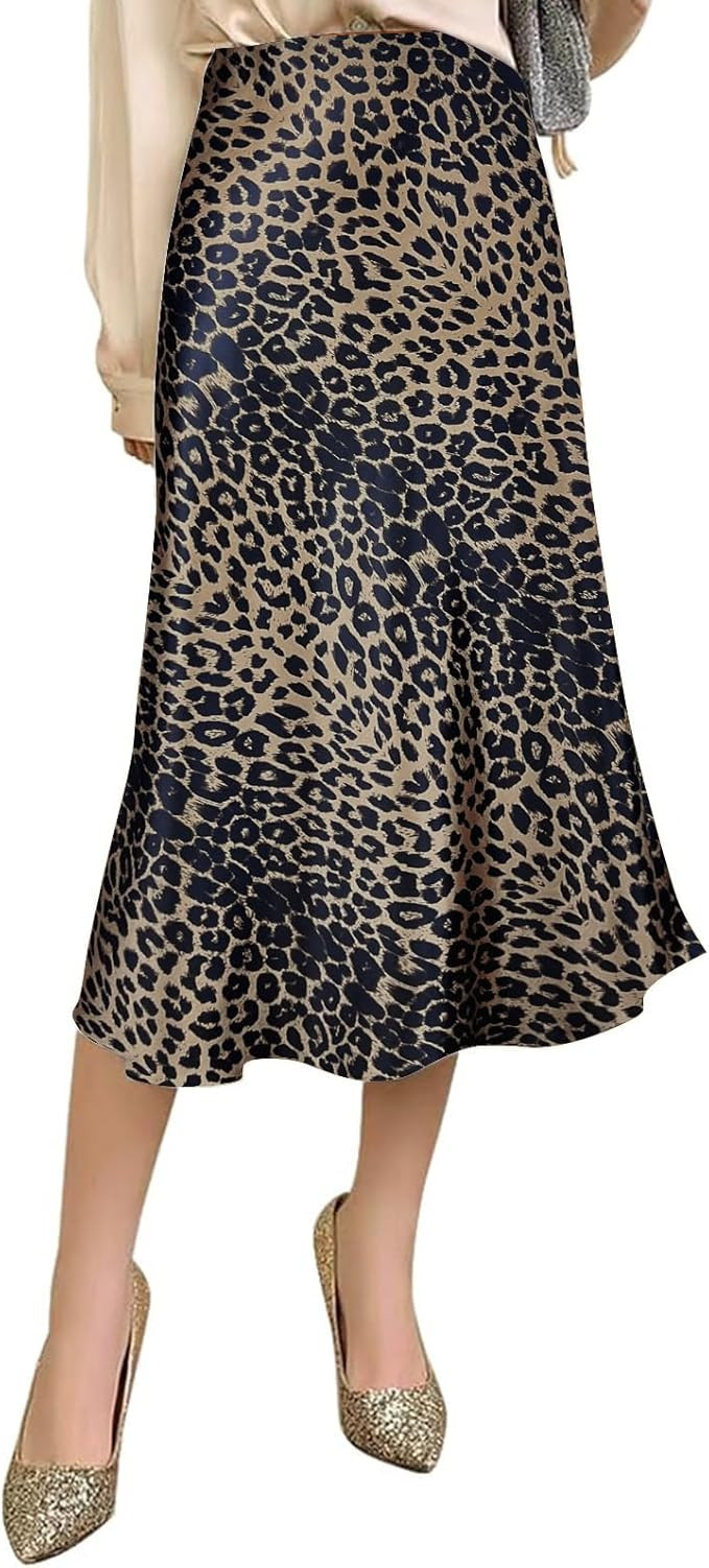 Womens Silky Satin Midi Skirt High Waist Elastic Waist A Line Skirt | Amazon (US)