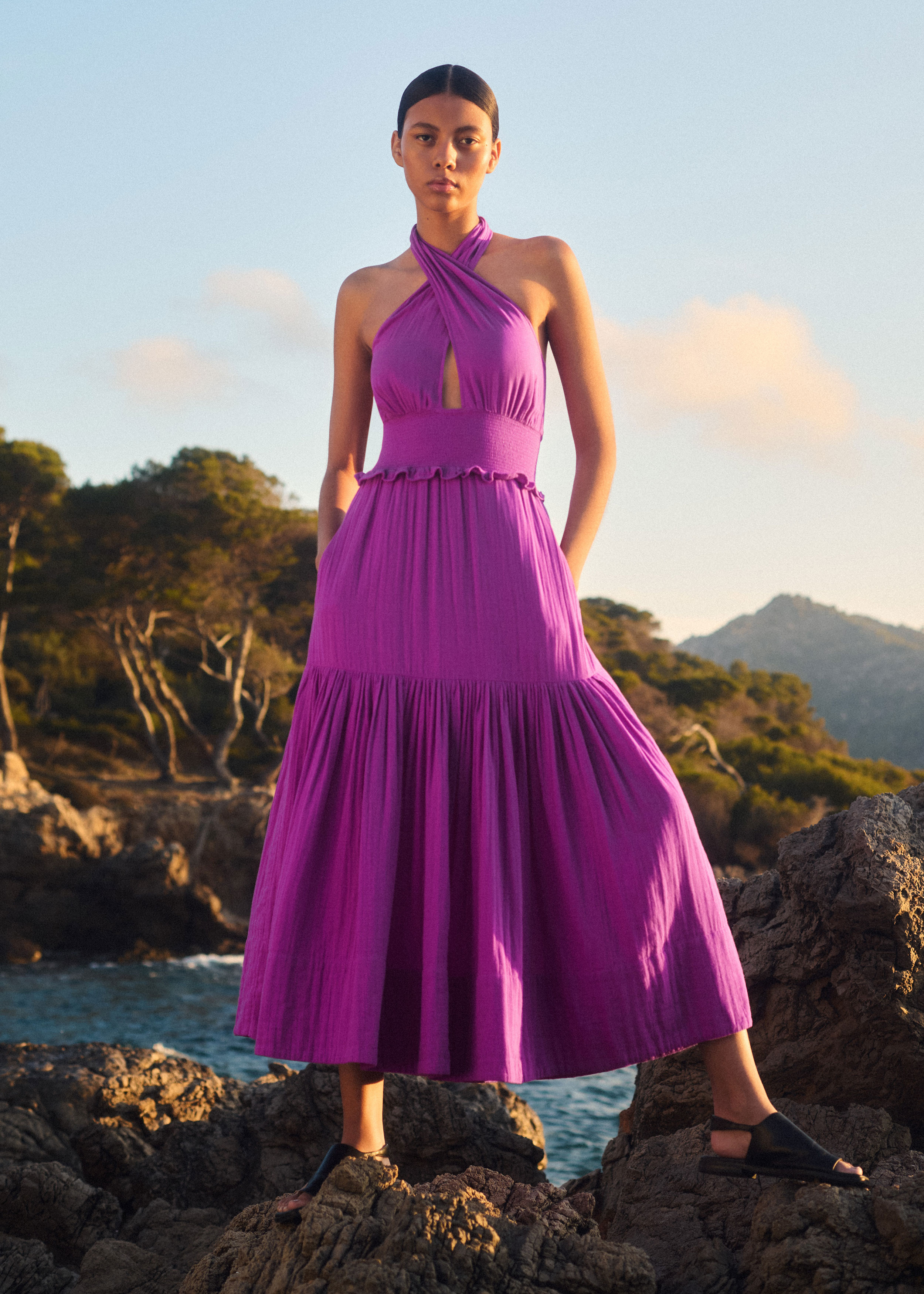 Women's Purple Cheesecloth Halterneck Maxi Dress | ME+EM | ME+EM US