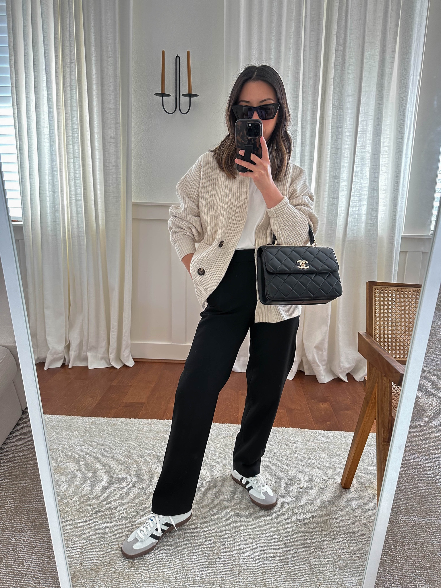 My cardigan is old Everlane but I found the best dupe in both gray and oatmeal. I’ve never tried the brand, but it looks amazing! His cardigan is so great bc it’s comfy, but so elevated by the style. 

Cardigan - Everlane xs
Tee - Everlane Medium
Pants - J.crew petite 0
Sneakers -  adidas Samba 4.5 men’s. 
Sunglasses - YSL Mica 
Bag - Chanel Trendy cc small 

Petite Style, Neutral outfit, capsule wardrobe, minimal style, street style outfits, Affordable fashion, Spring fashion, Spring outfit,



#LTKFind #LTKshoecrush #LTKitbag
