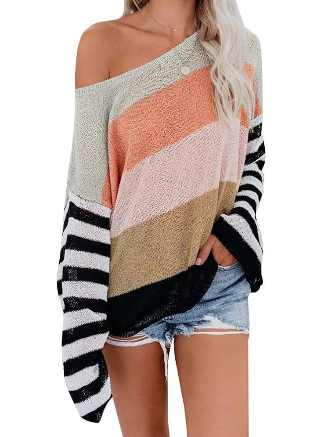 ETCYY NEW Womens Oversized Pullover Sweater Colorblock Rainbow Striped Casual Long Sleeve Loose K... | Amazon (US)