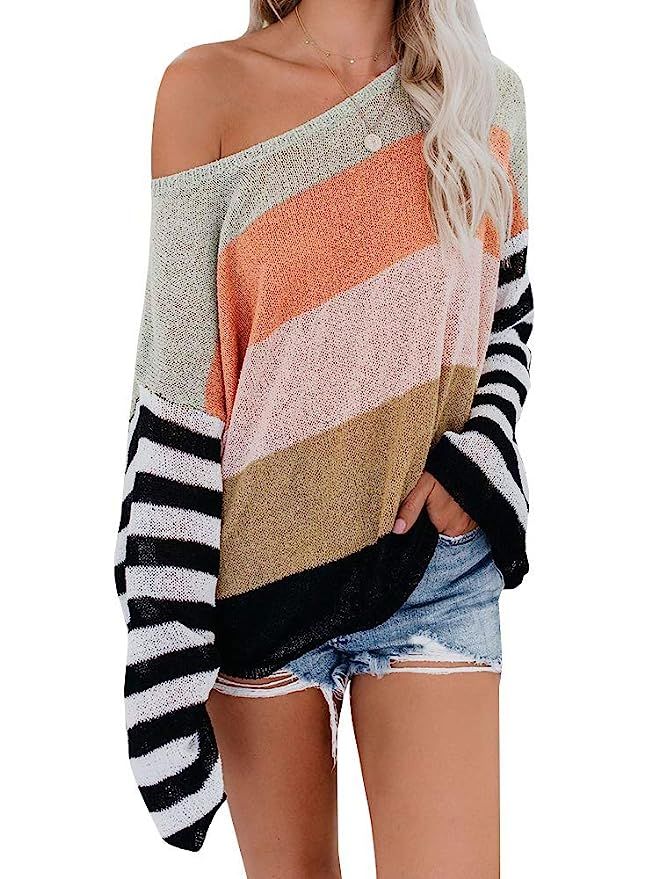 ETCYY NEW Womens Oversized Pullover Sweater Colorblock Rainbow Striped Casual Long Sleeve Loose K... | Amazon (US)
