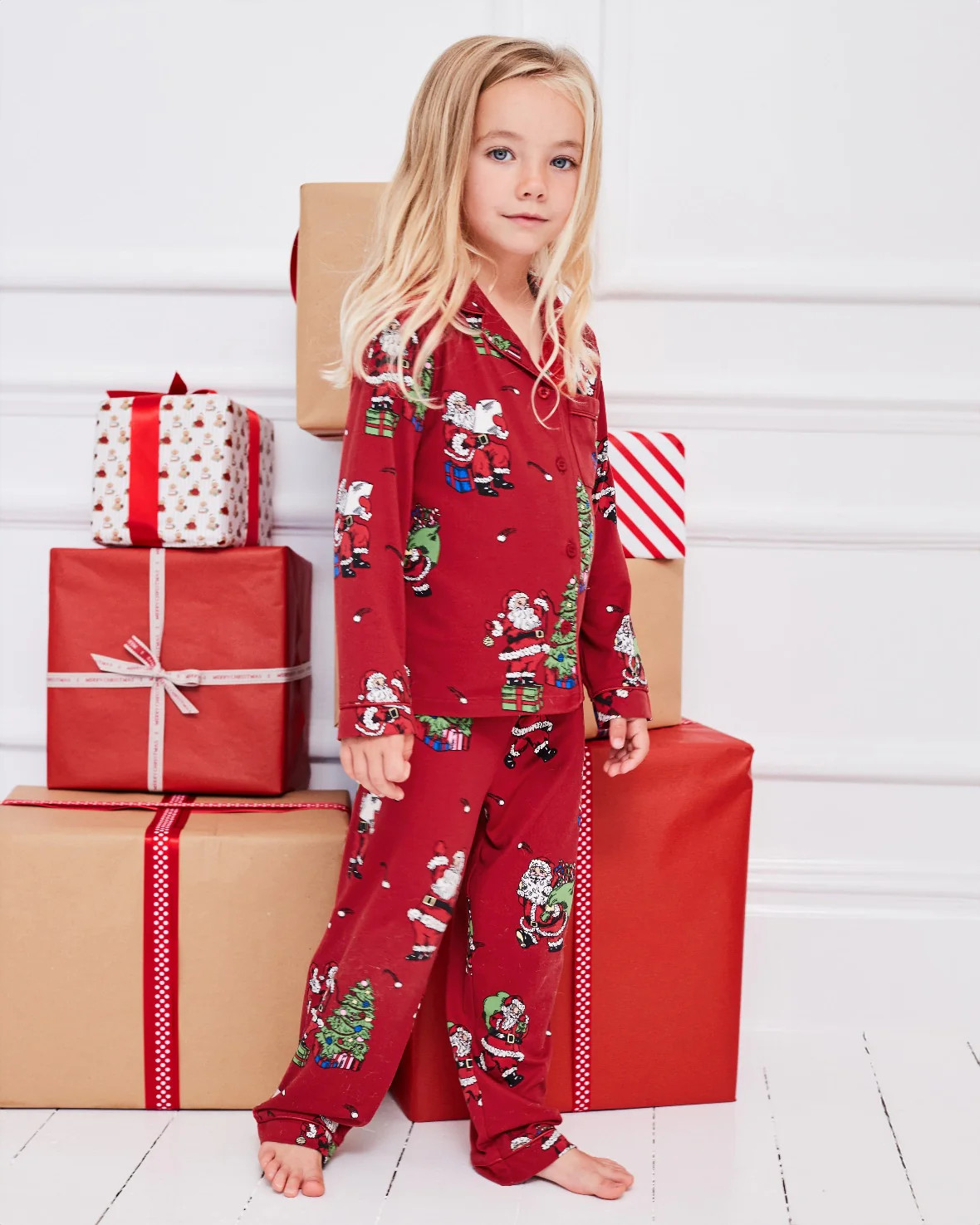 Kids Christmas Santa Snowball Print Long Pyjama Set | Chelsea Peers NYC