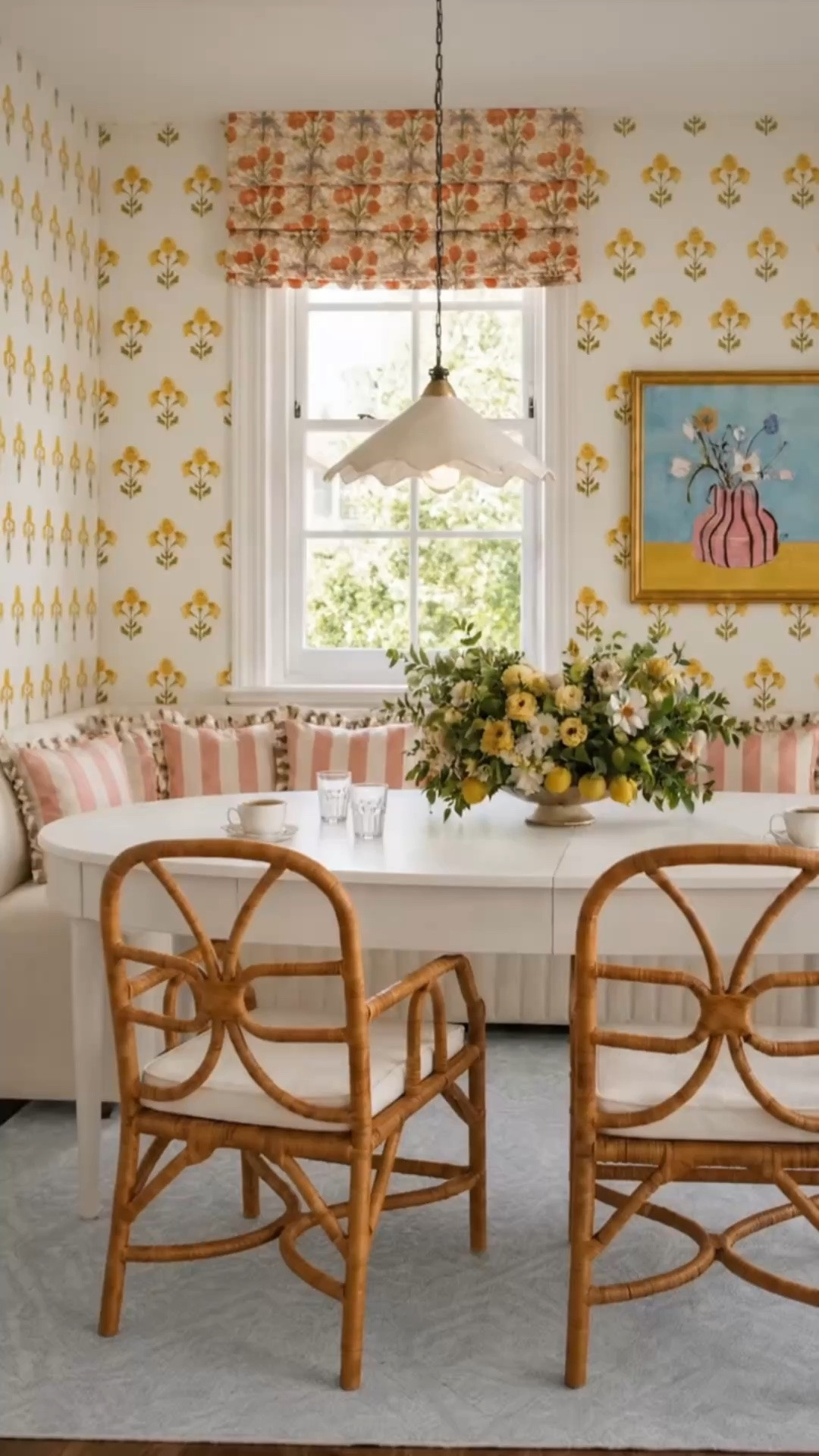 Dinner will be served here. ✨

This breakfast nook feels made for a Labor Day long weekend—cozy, polished, and ready for everyone to gather around the table as we ease into fall and the holiday entertaining season.

I love how the floral wallpaper and coordinating Roman shade set such a cheerful backdrop, while the upholstered dining banquette and woven rattan chairs make the space feel relaxed and inviting. The modern-chic pendant is one of my favorite details—the softly curved silhouette and elegant scalloped edge bring such a graceful presence above the table, adding just the right touch of charm without feeling overly traditional.

A light blue hand-knotted rug softens the room, while the full floral arrangement gives the table a beautiful sense of occasion. And the expandable dining table is especially perfect for gathering season—easy for everyday meals, with extra room when family and friends come together.

A great time to shop the Labor Day sales for dining tables, dining benches, banquettes, rattan chairs, Roman shades, pendant lighting, rugs, floral arrangements, and tabletop pieces for the entertaining season ahead.

#LaborDaySale #LaborDayWeekend #DiningRoom #BreakfastNook #DiningNook #DiningTable #ExtendableDiningTable #DiningBench #DiningBanquette #RattanChair #RomanShade #PendantLight #ScallopedPendant #HandKnottedRug #FloralWallpaper #FloralArrangement #HolidayEntertaining #GatheringSeason #FallEntertaining #ModernChic #ModernClassic #LTKHome #LTKdayinmylife #LTKSaleAlert

#LTKdayinmylife #LTKHome #LTKSaleAlert