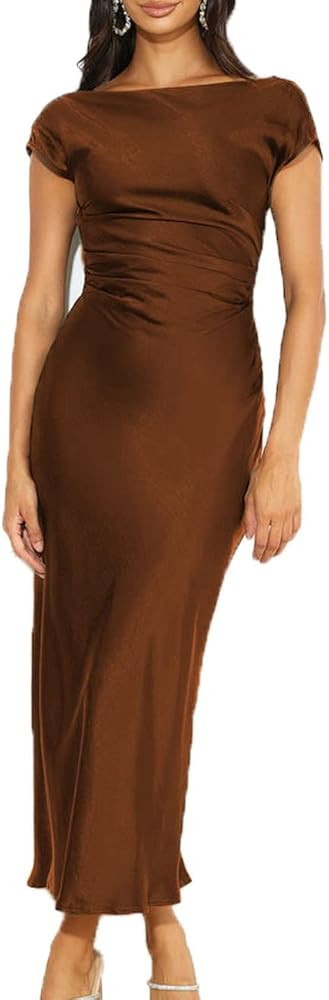 2023 Satin Cap Sleeve Cowl Back Summer Dresses for Women Elegant Ruched Waist Wedding Guest Midi ... | Amazon (US)