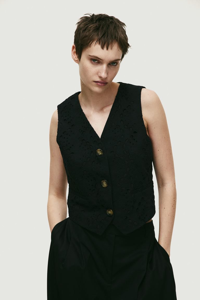Broderie anglaise waistcoat - V-neck - Sleeveless - Black - Ladies | H&M GB | H&M (UK, MY, IN, SG, PH, TW, HK)