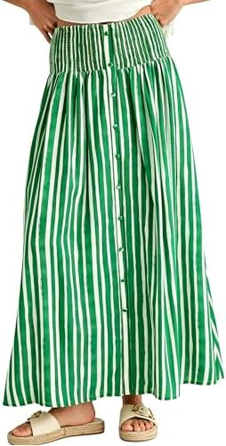 InterNos Womens Striped Maxi Skirt Trendy Front Buttons Elastic Waistband A-Line Boho Long Skirt ... | Amazon (US)