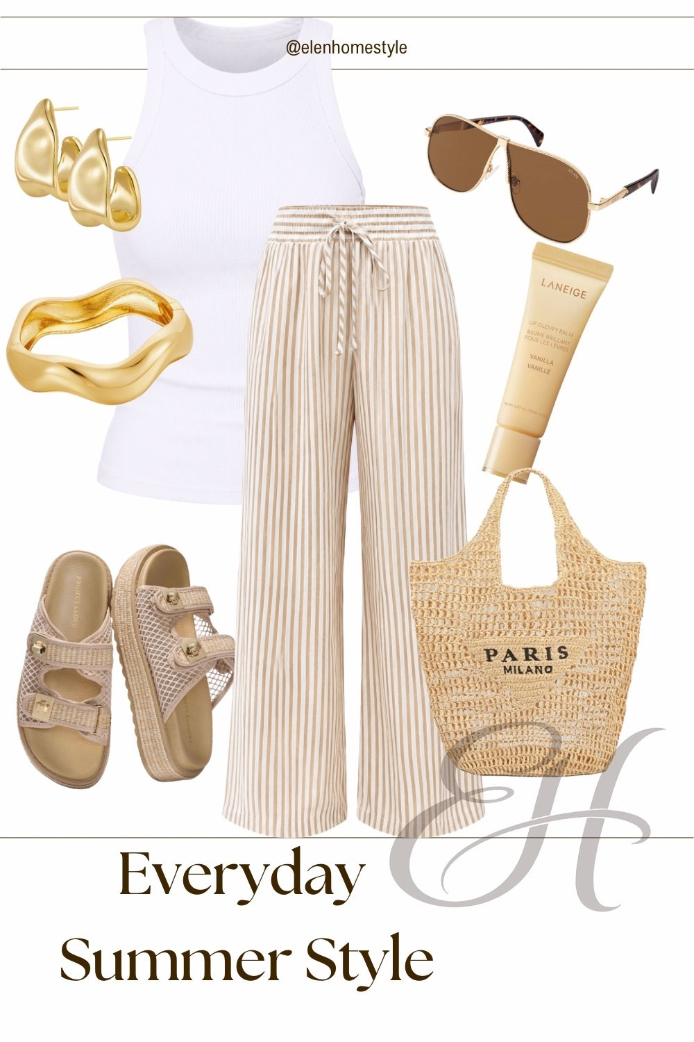 Easy, effortless, and chic 🤍✨ This neutral summer look is one of my go-to outfits for everyday wear. Comfy striped pants, a classic white tank, woven accessories, and a few gold details make it feel put together without trying too hard. Everything is linked in my LTK! ☀️👜👡

#LTKStyle #SummerOutfit #NeutralStyle #EverydayFashion #CoastalStyle #CasualChic #SummerEssentials #AmazonFashion #LTKFinds #EffortlessStyle

#LTKsummer #LTKdresses #LTKbeauty