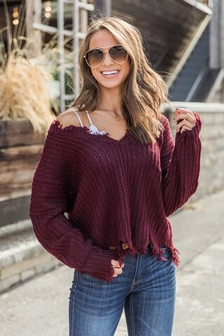 You Always Surprise Me Wine Distressed Sweater | The Pink Lily Boutique