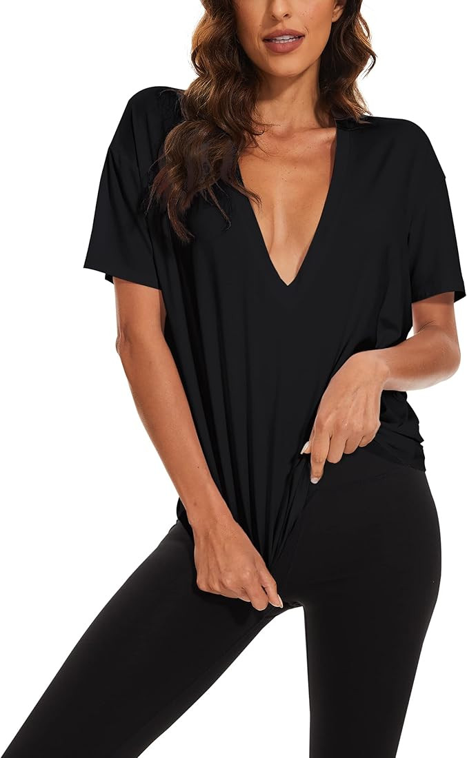 MISSACTIVER Women’s Casual Loose Deep V-Neck Short Sleeve Tee Basic Relaxed Plunge Neck Solid D... | Amazon (US)