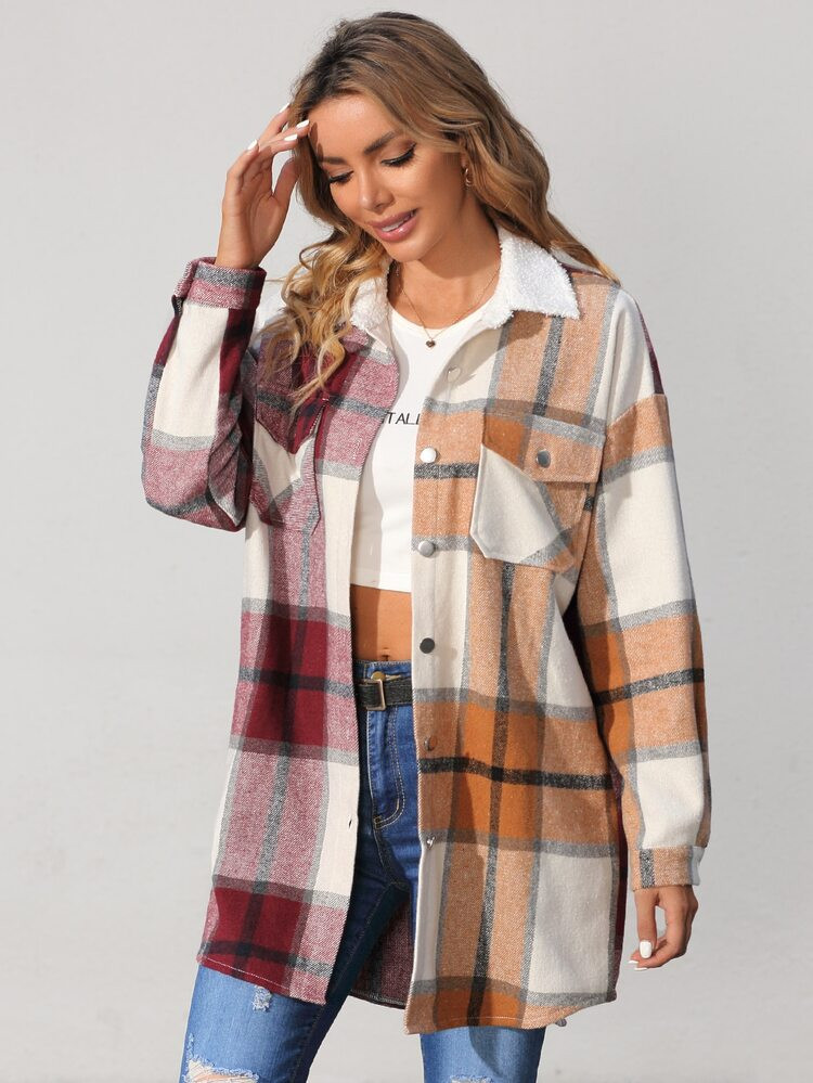 Plaid Flap Pocket Overshirt With Borg Collar | SHEIN