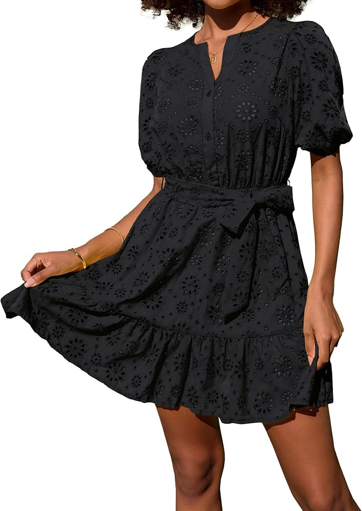 GRACE KARIN Womens Eyelet Vacation Dress Summer Casual A-line Mini Sundress Puff Sleeve Tie V Nec... | Amazon (US)