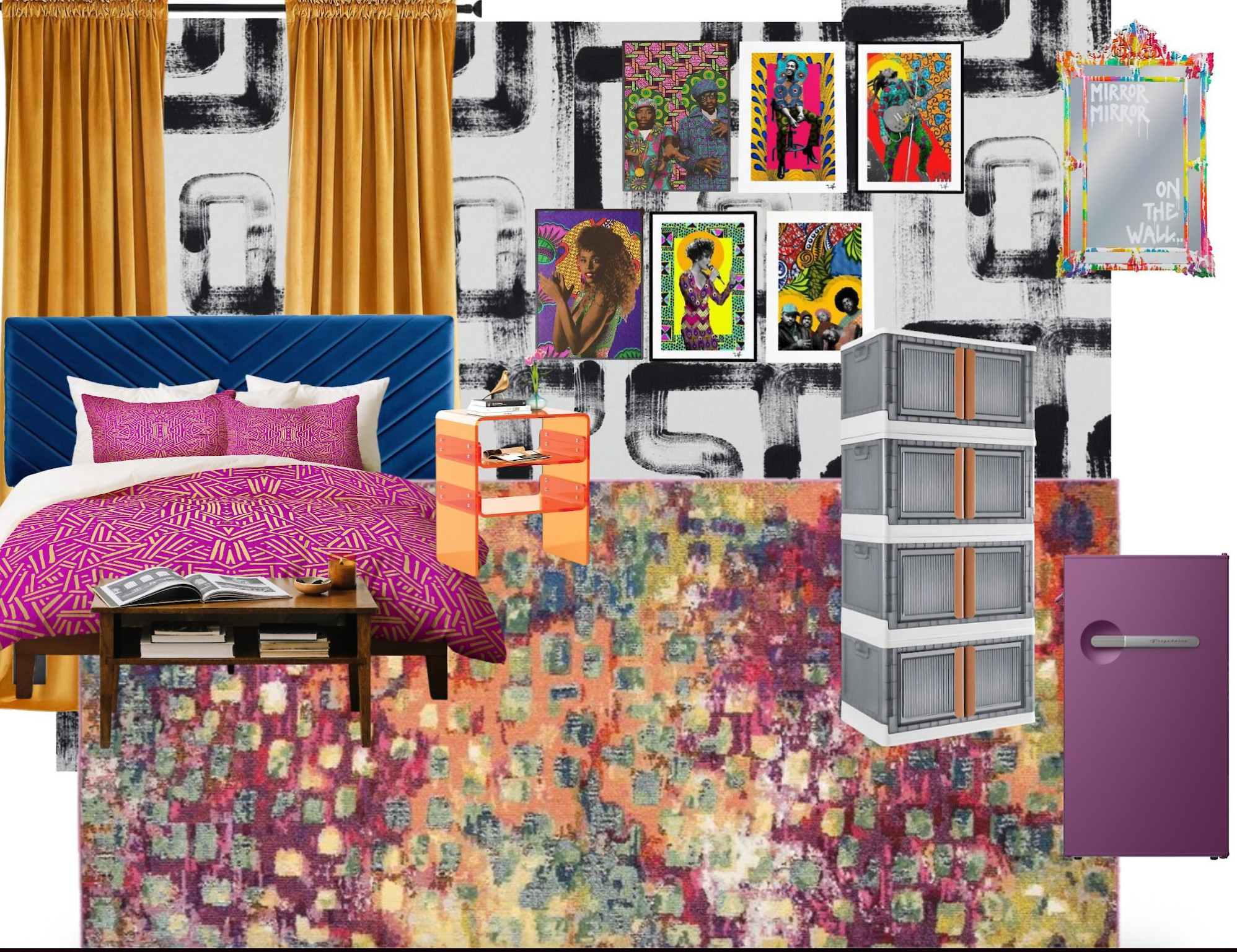 Color? Texture? Culture? YES. This room is a bold fusion of past, present, and unapologetic personality. 🎤🖼️🎧 The Electric Vibes: The AfroPop Dorm isn’t for the faint of heart—it’s for the one who makes a statement just by walking in the room.

Graphic patterns? Check. Afro-futuristic art? Front and center. That deep blue velvet headboard? Come on. This space celebrates black excellence, pop art, and vibrant soul all in one chaotic, fabulous wave of creativity.

It’s a vibe that refuses to be boxed in—just like you.

🟣 Lean into the maximalism: mix patterns and prints unapologetically.
🟠 Layer your favorite cultural nods—books, music, art, and everything in between.
🟡 Use storage that works and looks dope while doing it.

Hashtags
#CultureClashDorm #DormWithAStatement #AfroPopInspo #BoldDormDecor #ColorStormStyle #DormGlowUp #CollegeStyleRevolution #LTKDormSeries #DormRoomRemix #BlackArtMatters #DormDesignWithSoul #AmazonDormLooks #RheaAlignedBold #EclecticDormInspo 

 