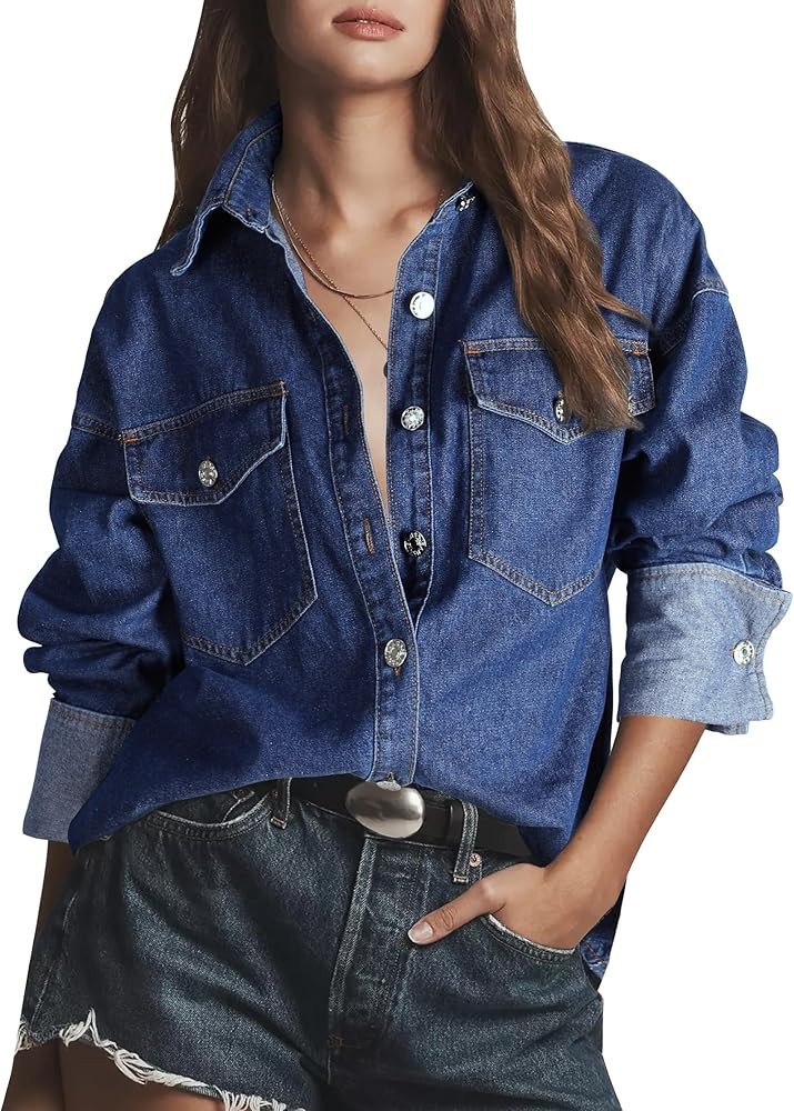 Skirt BL Women Denim Shirts Oversized Button Down Jean Shirt Casual Long Sleeve Shackets Top Tren... | Amazon (US)