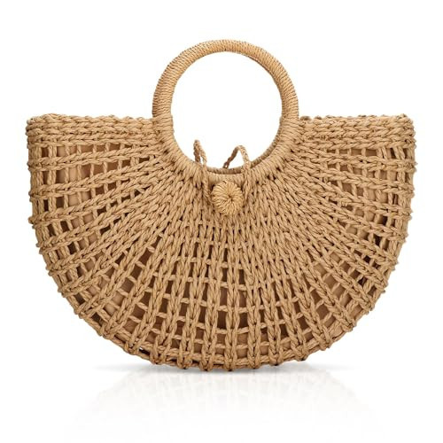 FENBEN Straw Hobo Bags for Women Round Beach Purse Large Woven Bag Vacation Handbag Khaki | Amazon (US)