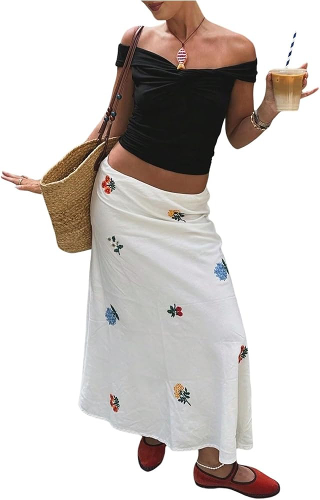 MakeMeChic Women's Summer Maxi Skirt Low Rise A Line Flowy Beach Vacation Long Skirts | Amazon (US)