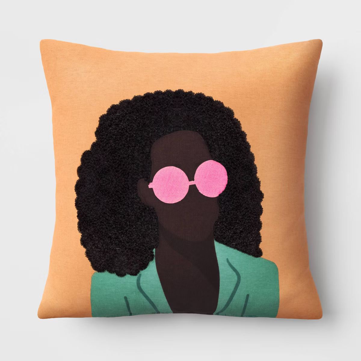 Square Woman With Pink Sunglasses Embroidered Cotton Square Throw Pillow Orange - Room Essentials... | Target