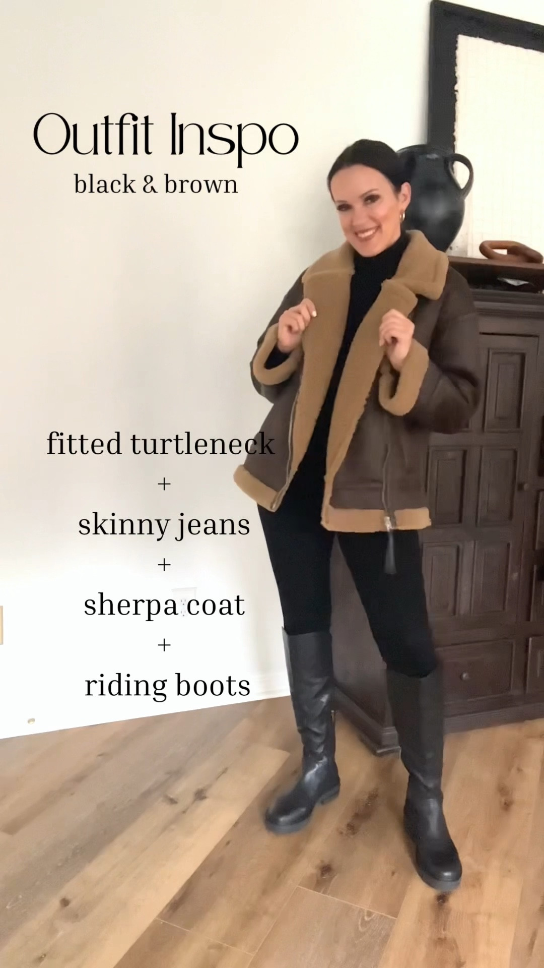 Outfit Inspo - Black & Brown (one of my favorite color combos!).

Sizing:
Coat-Zara (linked on Instagram under “Dec Links” highlight 
Turtleneck-wearing large
Black jeans-Spanx, size up. Wearing medium (use code TRACYXSPANX)
Boots-Nordstrom, run TTS

casual outfit | black skinny jeans | Spanx jeans | brown sherpa double faced jacket coat | Zara | H&M | riding boots 

#LTKunder50 #LTKstyletip #LTKunder100