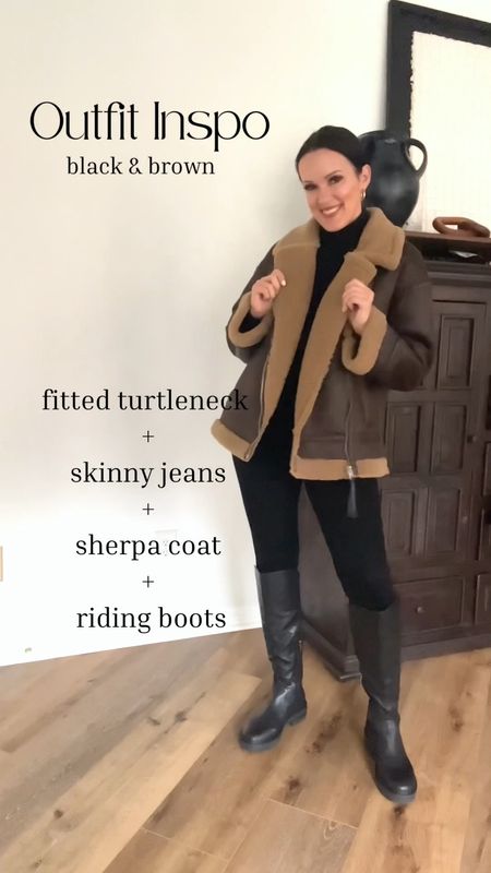 Outfit Inspo - Black & Brown (one of my favorite color combos!).

Sizing:
Coat-Zara (linked on Instagram under “Dec Links” highlight 
Turtleneck-wearing large
Black jeans-Spanx, size up. Wearing medium (use code TRACYXSPANX)
Boots-Nordstrom, run TTS

casual outfit | black skinny jeans | Spanx jeans | brown sherpa double faced jacket coat | Zara | H&M | riding boots 

#LTKunder50 #LTKstyletip #LTKunder100