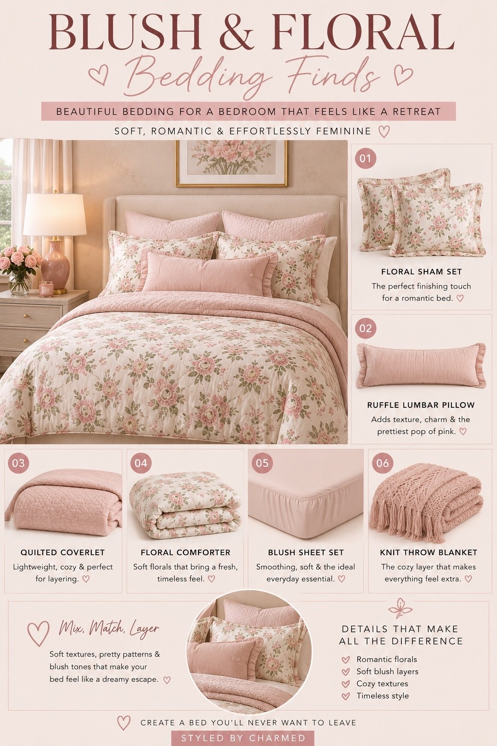 A soft layered bed will really make your whole bedroom feel calmer 😭🌸

These blush + floral bedding finds are giving cozy, romantic, “I never wanna leave my bed” energy. The layering, textures, and soft tones make everything feel so warm and elevated.

Everything linked on my LTK 🤍

#LTKHome #BeddingInspo #CozyBedroom #FeminineDecor #StyledByCharmed

#LTKHome #LTKU #LTKSaleAlert