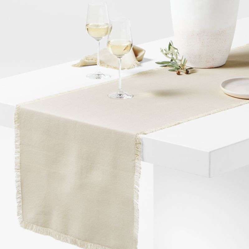 Craft 120" Birch Beige Organic Cotton Fringe Table Runner + Reviews | Crate & Barrel | Crate & Barrel
