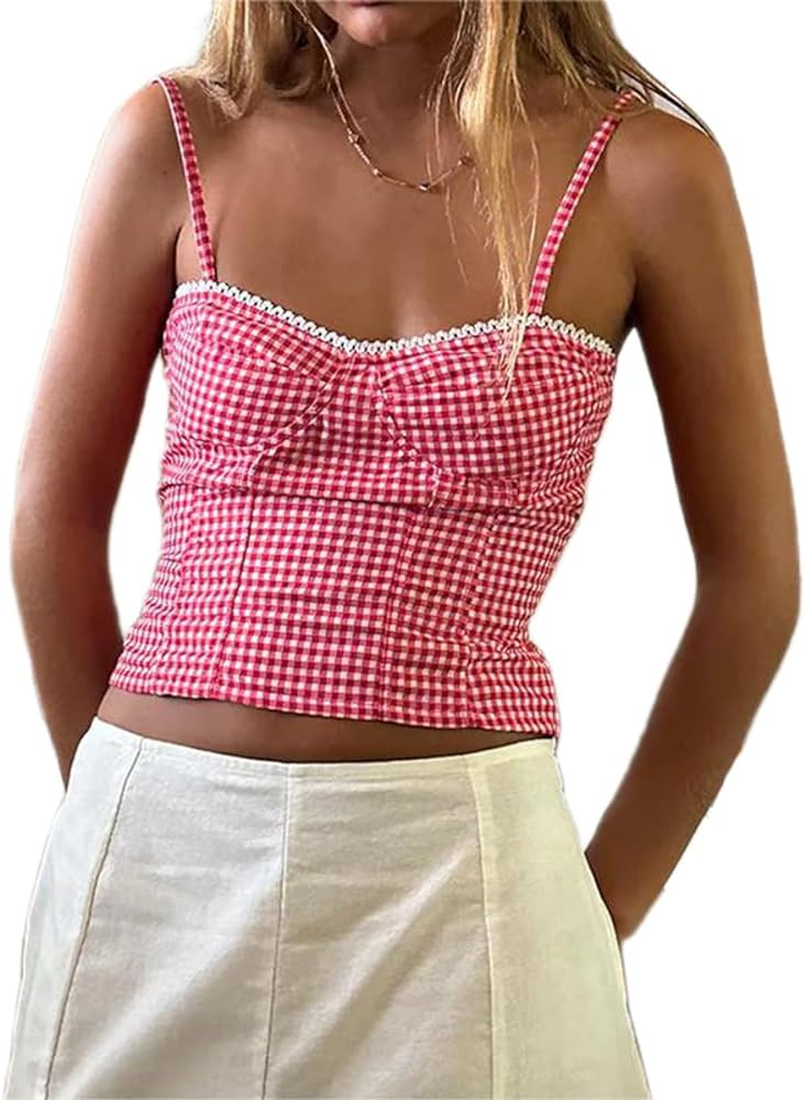 Alyweatry Women Y2k Gingham Tank Top Sleeveless Coquette Aesthetic Plaid Print Cami Crop Top Summ... | Amazon (US)