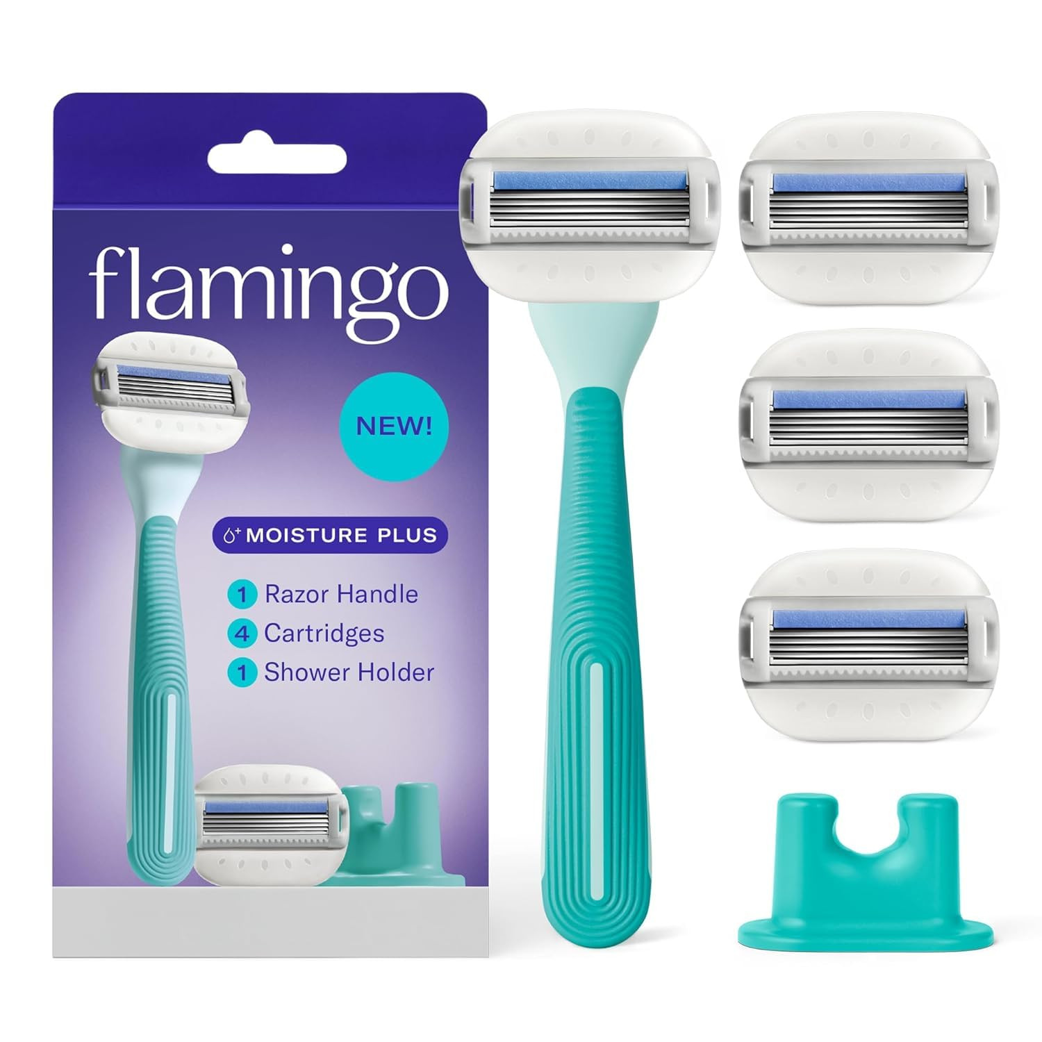 Flamingo Moisture Plus Women's Razor Set - Razor Handle, 4 Blade Refills, Shower Holder - Seafoam | Amazon (US)