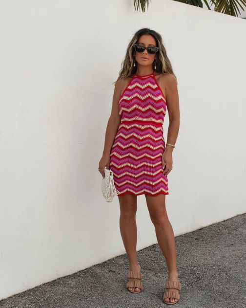 Marianna Halter Knit Chevron Stripe Mini Dress - Red/Hot Pink | VICI Collection