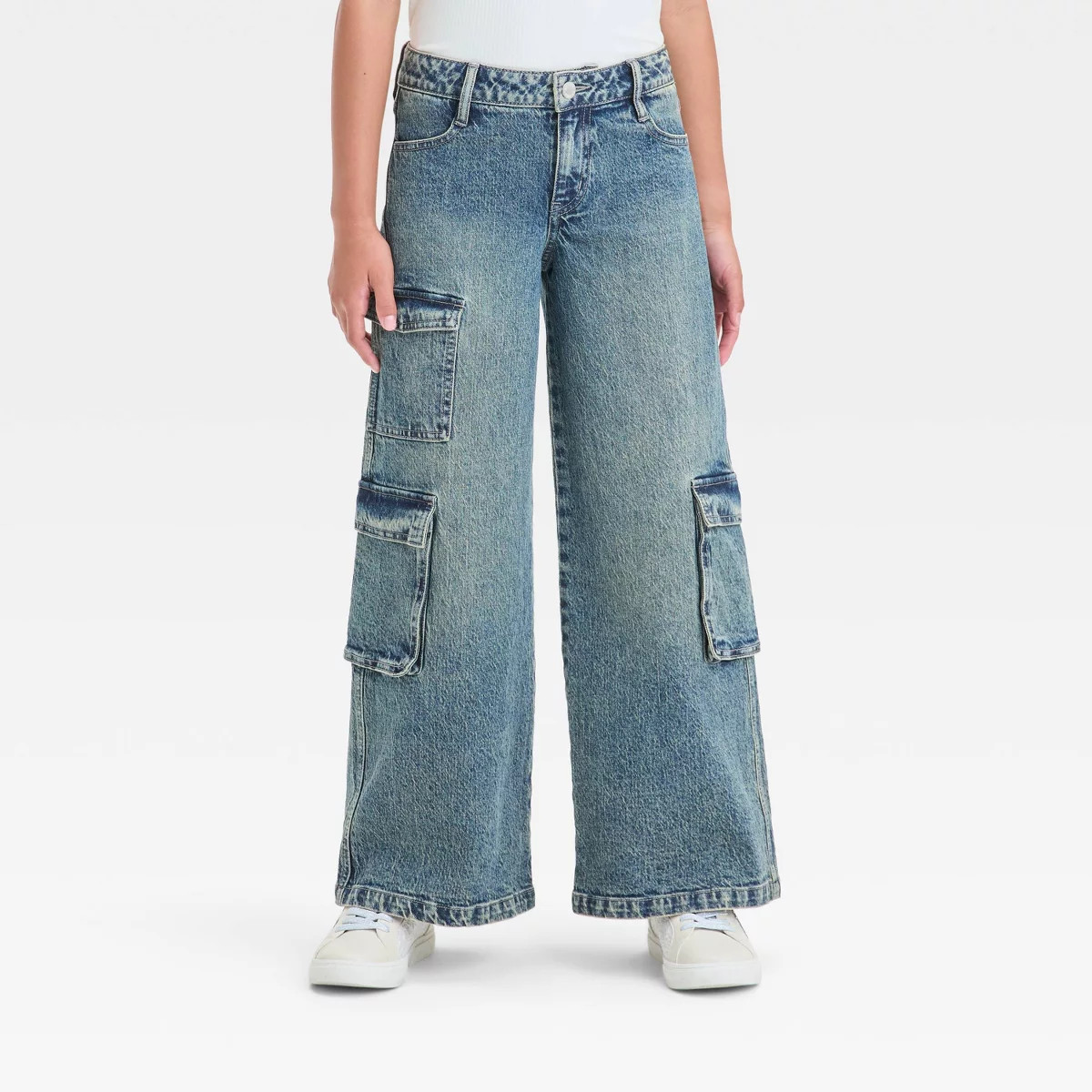 Girls' Mid-Rise Wide Leg Cargo Jeans - art class™ Light Wash 5 | Target