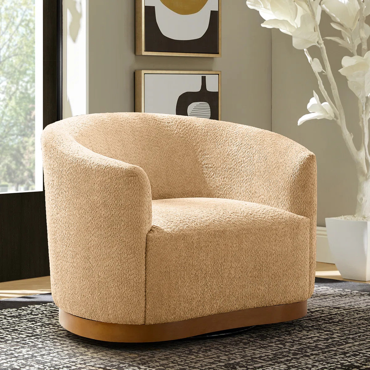 Berklie 31.5"W Modern Boucle Chenille Swivel Barrel Armchair with Ergonomic Backrest and Solid Wo... | Wayfair North America