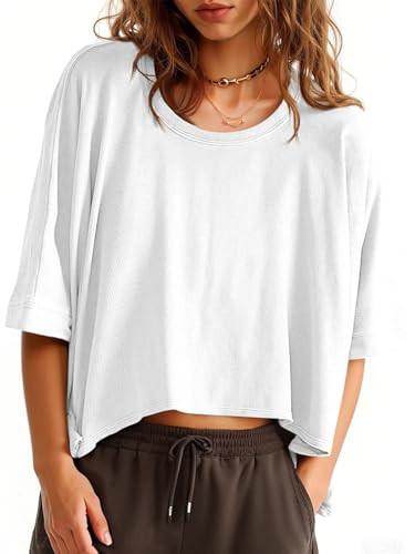 Tankaneo Womens Oversized T-Shirts Cropped Summer Casual Short Sleeve Loose Fit Tee Tops White | Amazon (US)
