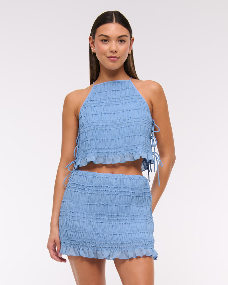 Women's Mid Rise Sheer Ruched Mini Skort | Women's Bottoms | Abercrombie.com | Abercrombie & Fitch (US)