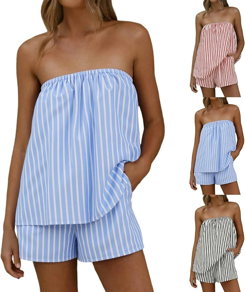 Striped Two Piece Set for Women Going Out Tube Tops Shorts Set with Pockets Summer Y2k Casual Tra... | Amazon (US)