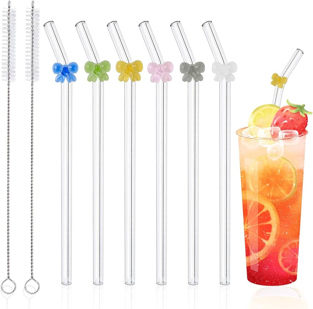 6 Pcs Reusable Glass Straws with Charms, Cute Glass Straws Shatter Resistant, Colorful Bow Glass ... | Amazon (US)