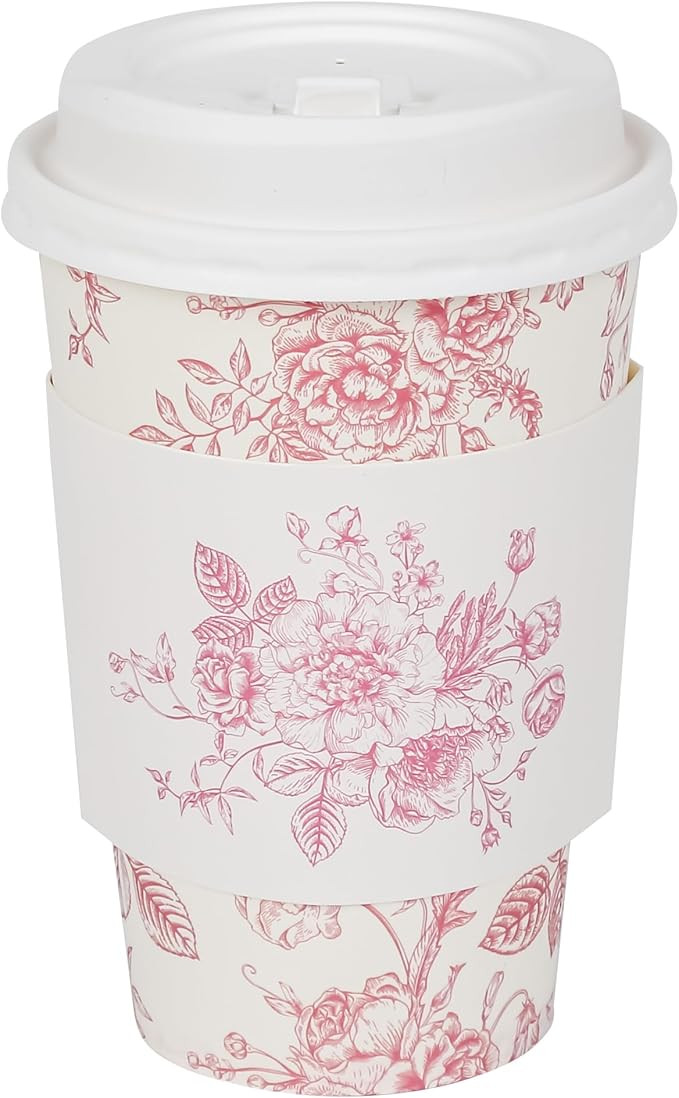 50Pcs Pink Floral Disposable Coffee Cups with Lids and Sleeves Pink White Chinoiserie Flower 12oz... | Amazon (US)
