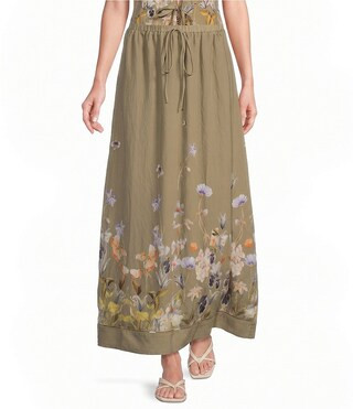 En Saison Yvette Floral Border Printed Drawstring Waist Coordinating Woven Maxi Skirt -  S | Dillard's