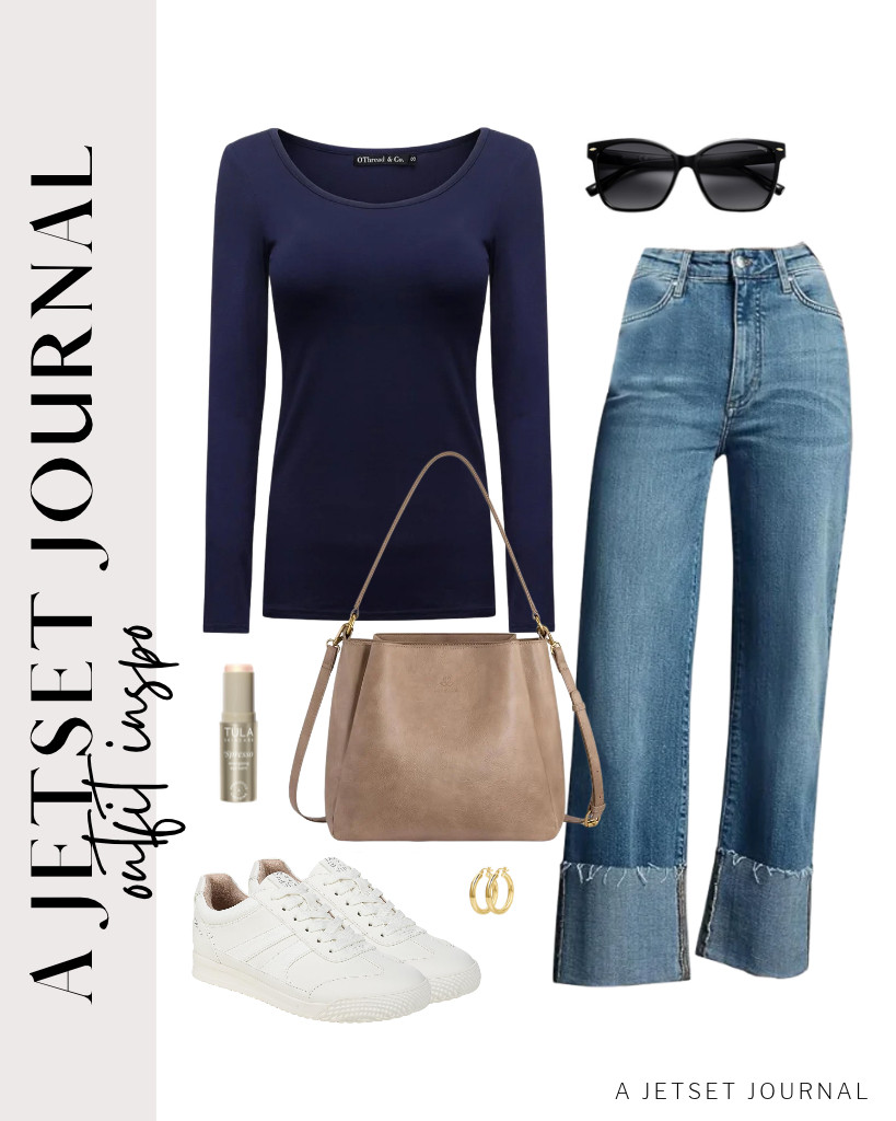 This navy blue OThread bag and KUNMI wide-leg jeans go well with the LOVEVOOK bag. For your Naturalizer lace-up sneakers. Finish with these gold chunk earrings and TULA eye balm. 

 #LTKSeasonal #LTKSaleAlert #LTKTravel
