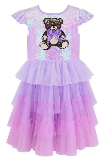 Zunie Kids' Sequin Bear Tiered Tulle Dress in Lavender/Pink at Nordstrom Rack, Size 4 | Nordstrom Rack