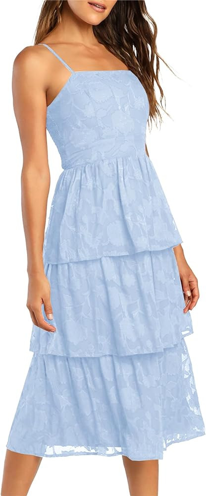 Ferlema Women's 2024 Summer Sleeveless Spaghetti Strap Smocked Tiered Flowy Beach Cocktail Midi D... | Amazon (US)