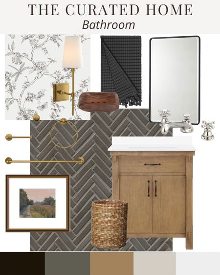This bathroom mood board design features dark gray tile, floral water resistant wallpaper, polished nickel bath faucet, framed art, brass bath hardware, brass sconces, black recessed mirror and wooden 30 inch bath vanity

#LTKfamily #LTKhome #LTKstyletip