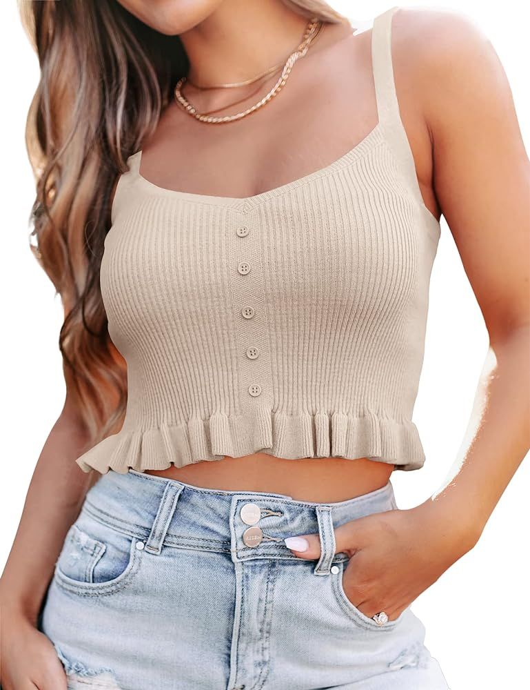 Shermia Women's Sexy Square Neck Ruffle Button Knit Crop Tops Sleeveless Spaghetti Cute Tank Cami... | Amazon (US)