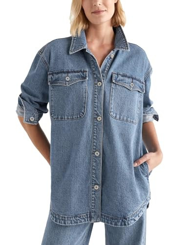 Women Long Sleeve Jean Jacket Button Down Denim Shacket Lapel Collar Denim Shirt | Amazon (US)